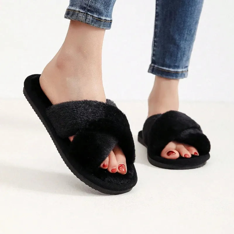 KissICON Autumn New Fashion Cross Strap Fur Slippers Women