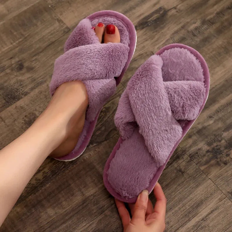KissICON Autumn New Fashion Cross Strap Fur Slippers Women