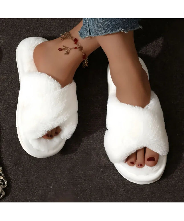 KissICON Autumn New Fashion Cross Strap Fur Slippers Women