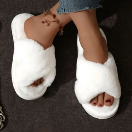 KissICON Autumn New Fashion Cross Strap Fur Slippers Women