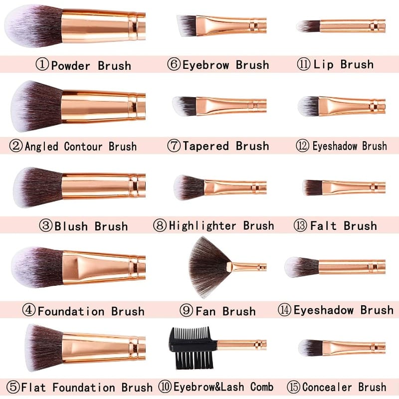 KissICON AWhiteMarbleSet Marble Pink Gold 15pc Pro Makeup Brush Sponge Set