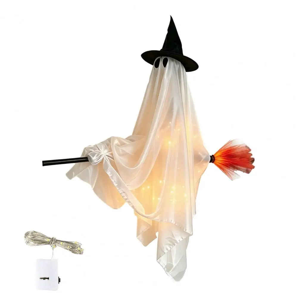 KissICON B / China Halloween Hanging Ghost Decorations Cute Ghost Ornament Hanging Ghost with Broom Halloween Decoration Flying Witch for Haunted