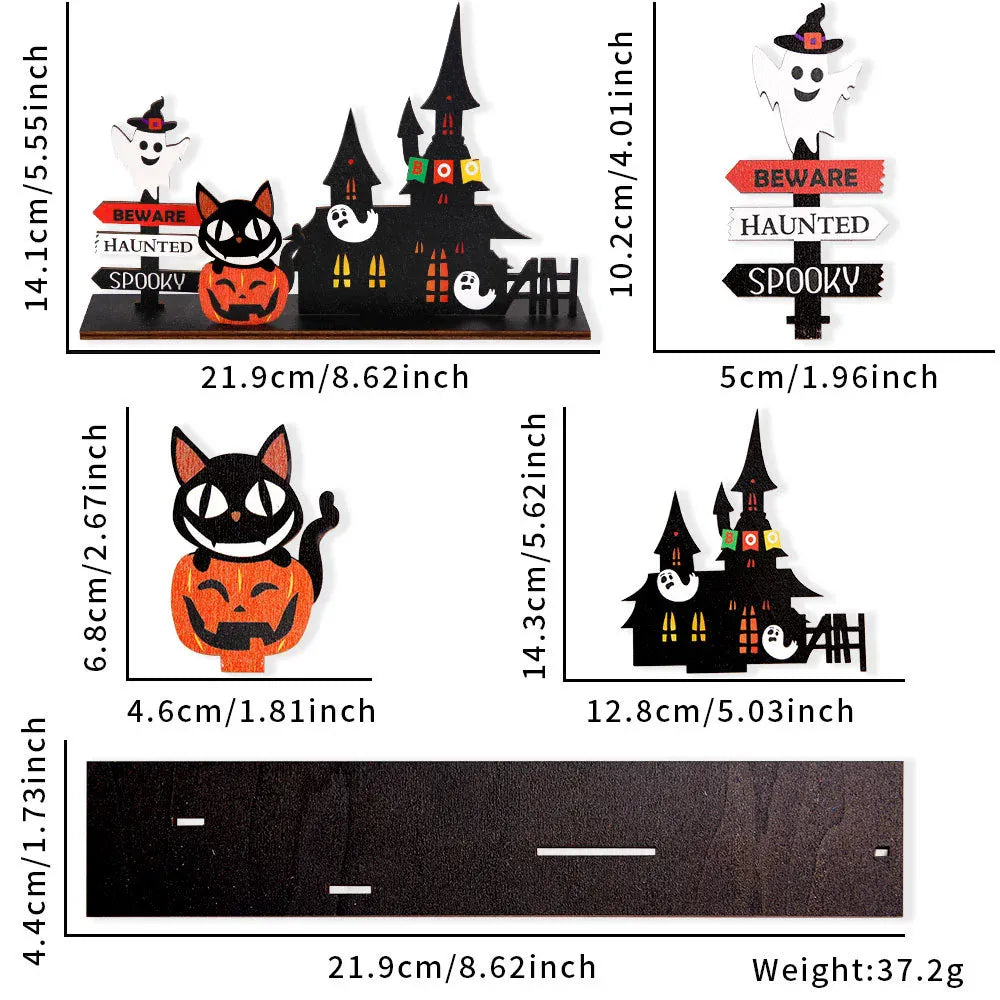 KissICON B Halloween desktop decoration, haunted house pumpkin wooden center logo, eerie Halloween decoration for family gathering tables