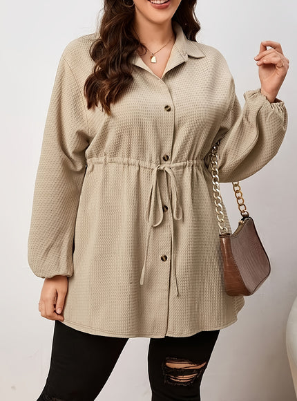 Plus Size - Plus Size, Women'S Elegant Long Sleeve Blouse - Button-Front Shirt with Drawstring Waist, Non-See-Through Fabric for Fall/Winter, Office, Party, Everyday Outfits - Women'S Formal & Casual Tops, Winter Wardrobe, Cl