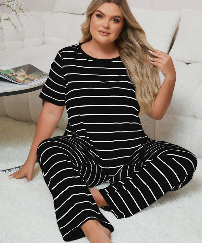 jkthpu-45 Women's Plus Size Striped Pajama Set - Casual
