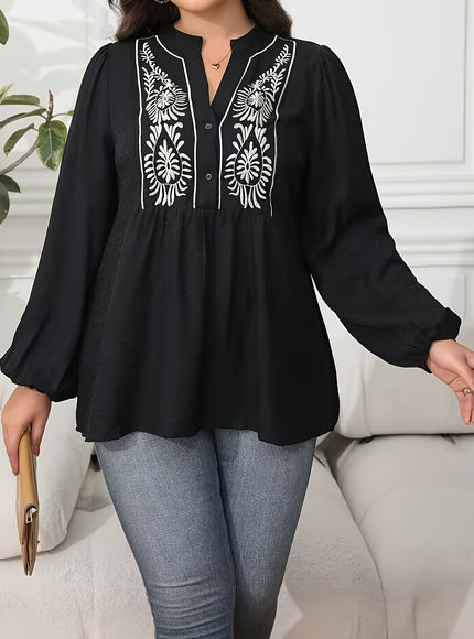 Plus Size, Women's Plus Size Blouse - Elegant Black & Floral-like Pattern, Loose Fit Maxi Shirt with Lantern Sleeves for Formal/Casual Events - Machine Washable Non-See-Through Blouse - Curvy Women's Tops, Versatile Top, Embr