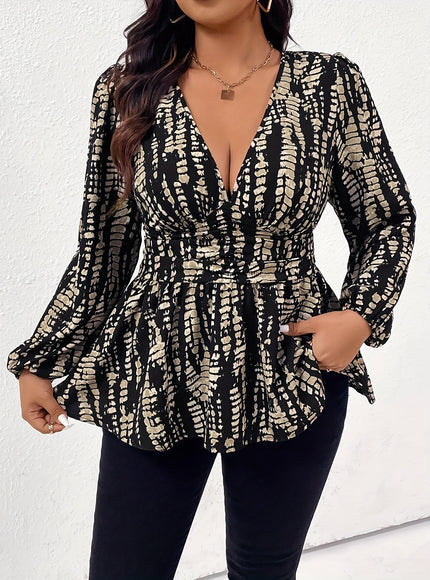 Plus Size, Women's Elegant Deep V-Neck Blouse - Non-See-Through Office & Party Top, Machine Washable Black Formal Shirt for Women, Chic Workplace or Evening Outfits, Evening Wear, Sophisticated Fashion, Nontransparent Fabric