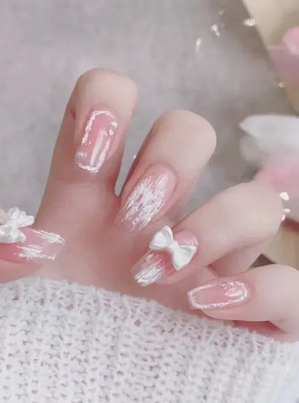 KissICON B384 White French Press On Nails 3D Bowknot Full