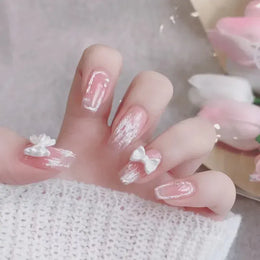 KissICON B384 White French Press On Nails 3D Bowknot Full