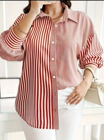 Plus Size - Women'S Red & White Striped Button-Up Shirt - Long Sleeve, Collared, Lightweight Polyester, Perfect for Spring/Fall Casual Wear, Spring Fashion | Classic Collar | Glossy Texture, Ladies Shirts