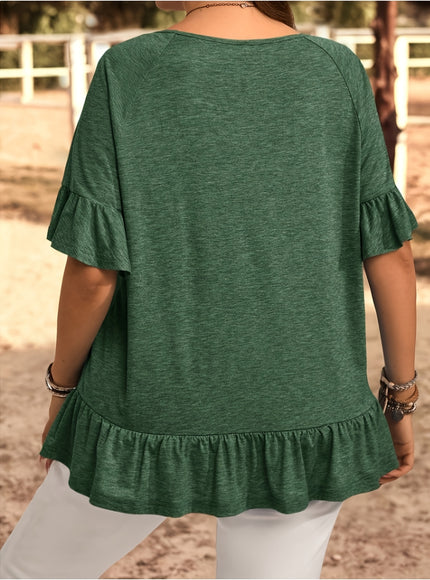 Plus Size, Women's Plus Size Bohemian Chic Short Sleeve T-Shirt - Ruffled Sleeve & Hem, Stretchy Round Neck Casual Top, Solid Blue Spring/Summer Machine Washable Elegant Resort Style Tee