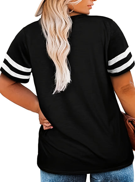 Plus Size Women's V-Neck Short Sleeve T-Shirt - Lightweight Stretchy Summer Tee with Random Print, Loose Casual Fit, Machine Washable, Sizes XL-5XL for Everyday & Office Wear, Versatile Clothing, Striped Print Shirt, Soft Fab