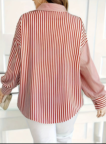Plus Size - Women'S Red & White Striped Button-Up Shirt - Long Sleeve, Collared, Lightweight Polyester, Perfect for Spring/Fall Casual Wear, Spring Fashion | Classic Collar | Glossy Texture, Ladies Shirts