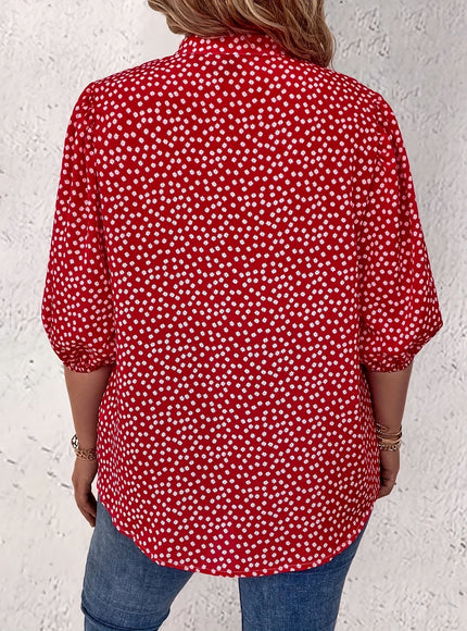 Plus Size Women's Casual Shirt - Floral Print Front Button-Up Blouse with Puff Sleeves, Stand-Up Collar & Lightweight Breathable Fabric for Summer, Machine Washable H-Line Silhouette (Elegant Collection), Relaxed Fit Clothing