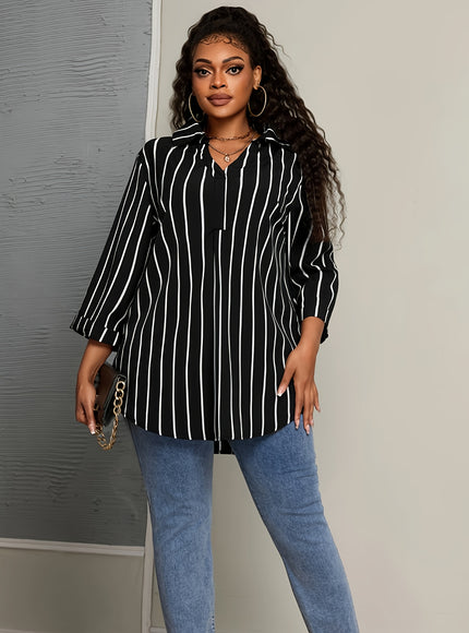 Elegant V-Neck Non-Stretch Woven Striped Shirt, Big Size, for Spring/Fall