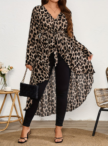 Plus Size Women's Elegant Leopard Print V-Neck Long Sleeve Blouse - Front Short Back Long Length, Semi-Sheer Lightweight Chiffon Top for Spring/Summer, Machine Washable, Chic Chiffon Blouse, Summer Fashion, Vneck Design, Leop