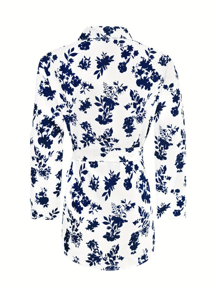 Plus Size - Women'S Elegant Floral Print Long Sleeve Button-Up Shirt with Tie-Waist Detail - Casual Chic Collared Top, White with Blue Flowers, Non-Stretch Fabric, Perfect for Spring & Fall, Ladies Blouses