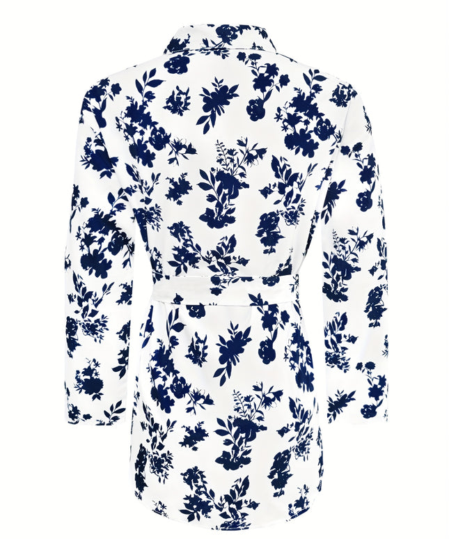 Plus Size - Women'S Elegant Floral Print Long Sleeve Button-Up Shirt with Tie-Waist Detail - Casual Chic Collared Top, White with Blue Flowers, Non-Stretch Fabric, Perfect for Spring & Fall, Ladies Blouses