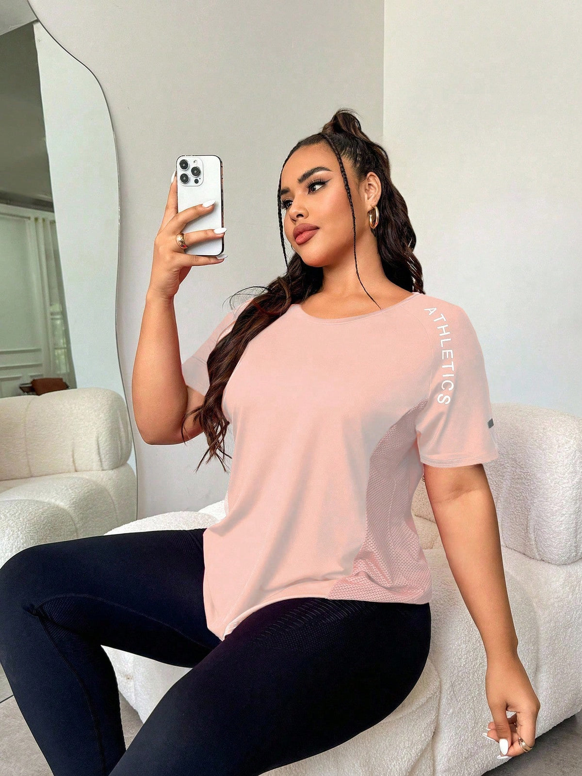 Easithlete Baby Pink / 1XL Hem Letter Print Summer Sports Short Sleeve T-Shirt Plus Size