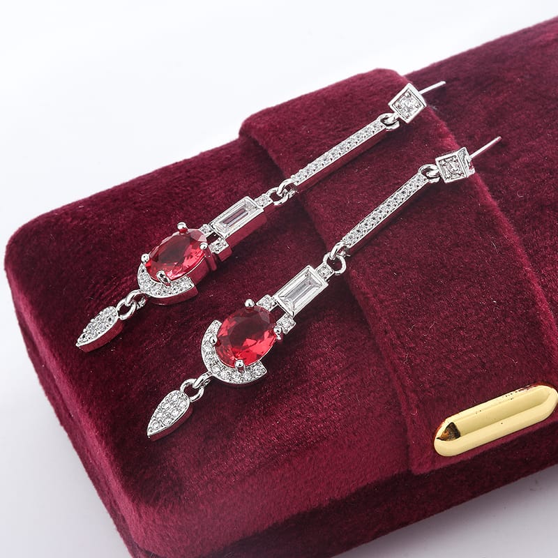 KissICON Baguette Oval Ruby Tassel Stud Earrings - Full Diamond Glow
