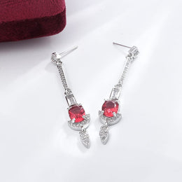 KissICON Baguette Oval Ruby Tassel Stud Earrings - Full Diamond Glow