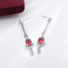 KissICON Baguette Oval Ruby Tassel Stud Earrings - Full Diamond Glow