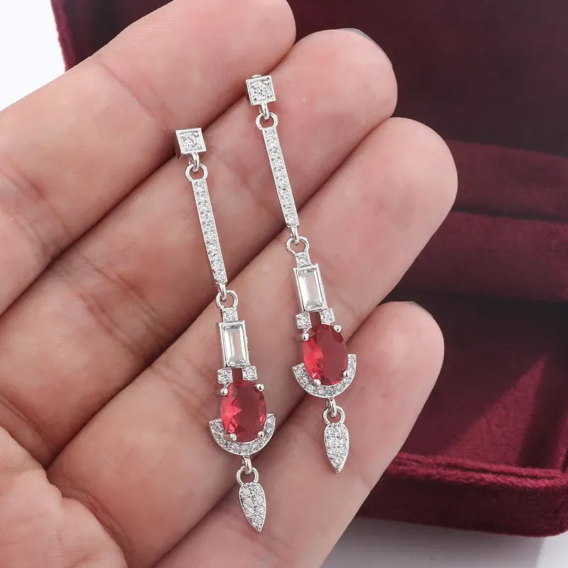 KissICON Baguette Oval Ruby Tassel Stud Earrings - Full Diamond Glow