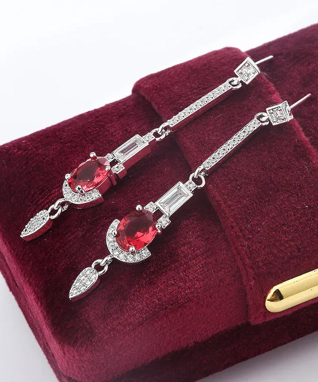KissICON Baguette Oval Ruby Tassel Stud Earrings - Full Diamond Glow