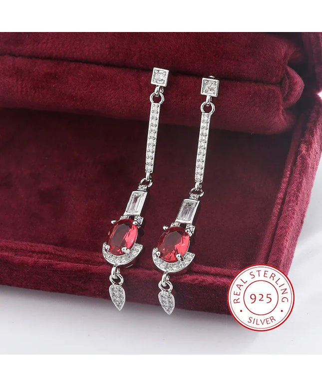 KissICON Baguette Oval Ruby Tassel Stud Earrings - Full Diamond Glow