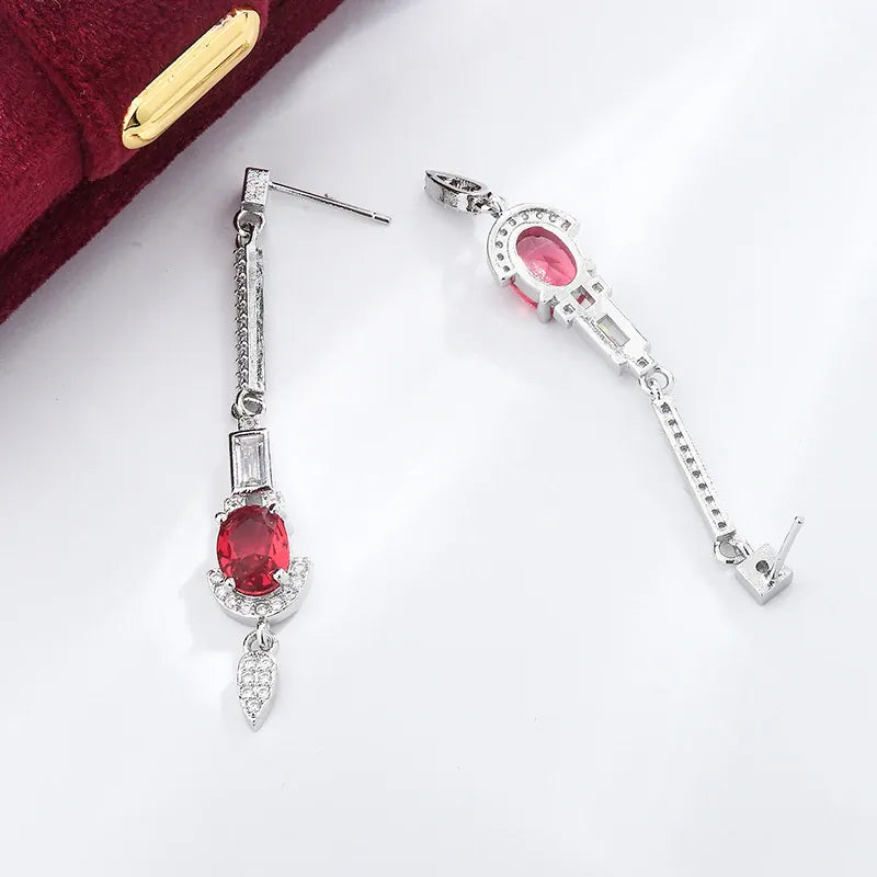 KissICON Baguette Oval Ruby Tassel Stud Earrings - Full Diamond Glow