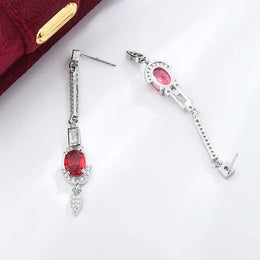 KissICON Baguette Oval Ruby Tassel Stud Earrings - Full Diamond Glow
