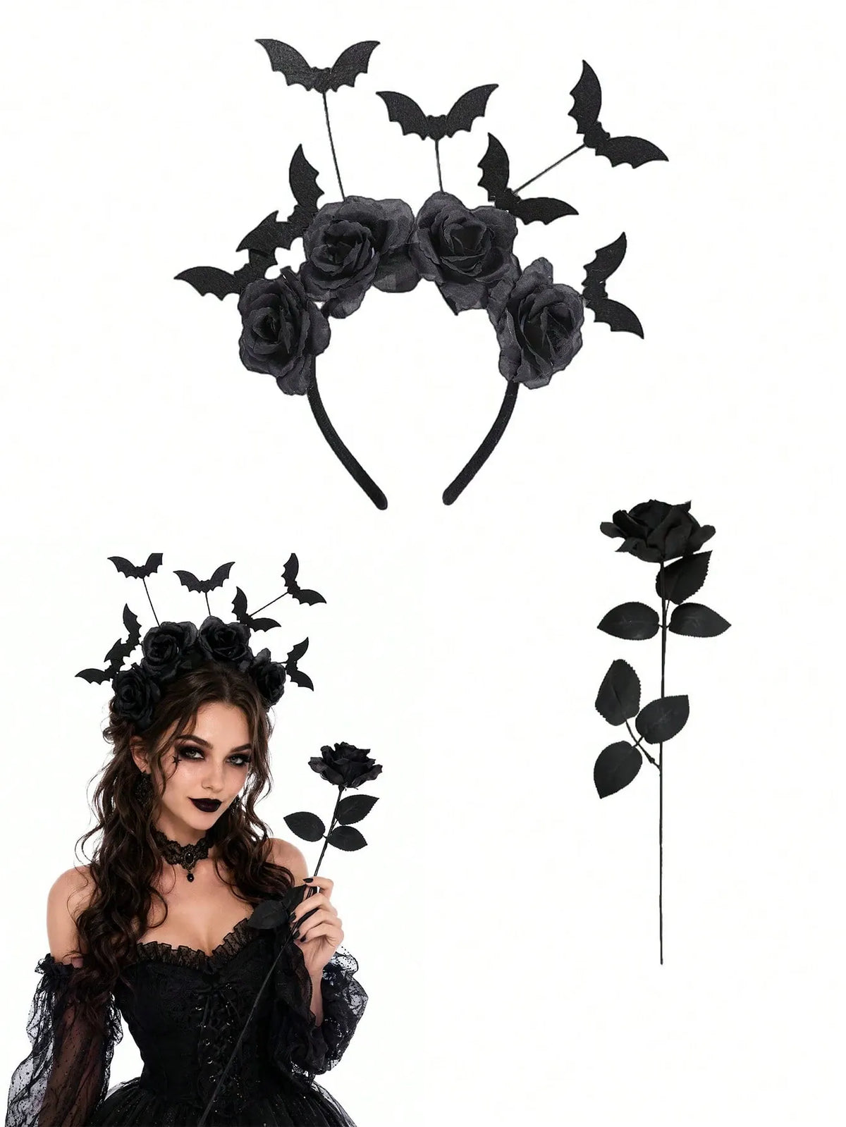 KissICON Bat Headband / 1pc - Headband Gothic Black Rose and Bat Halloween Headband