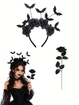 KissICON Bat Headband / 1pc - Headband Gothic Black Rose and Bat Halloween Headband