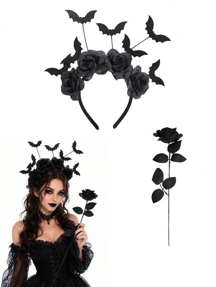 Gothic Black Rose and Bat Halloween Headband