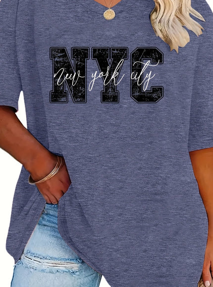 Plus Size - Women'S Plus Size NYC Graphic Tee - Casual V-Neck, Short Sleeve, Stretchy Rayon Blend, Black with White Lettering, Perfect for Spring, Summer & Fall, Everyday Tshirt|Vneck Top|Comfortable Fit
