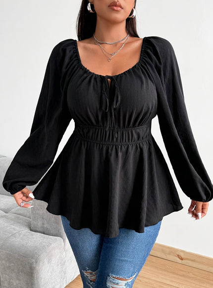 Plus Size - Plus Size - Plus Size - Women'S Plus Size Navy Blue Blouse with Front Drawstring & Ruffled Sleeves - Casual Keyhole Neckline, Long Sleeve, Non-Stretch Fabric, Perfect for Casual Attire, Casual Wear Blouse | Ruffle