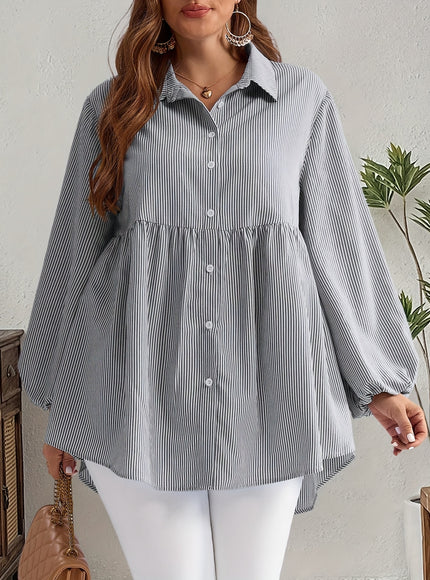 Plus Size, Women's Plus Size Oversized White & Green Horizontal Striped Button- Shirt Jacket-like Blouse - Short Sleeve-like Collar, Wrinkle-Resistant (Machine Washable) H-Line Fit for Year-Round Casual & Dressy Wear (No)