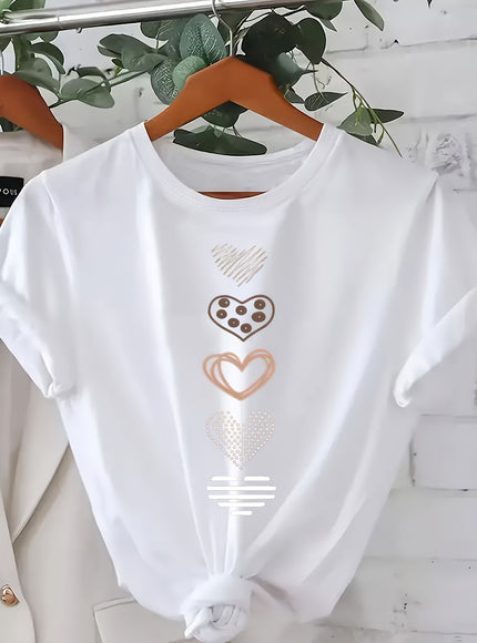 Plus Size, Women's Plus Size Casual T-Shirt - Stretchy Everyday Top with Heart Patterns (White/rose Golden/Print) - Machine Washable Round Neck Shirt for Women - Non-See-Through Fabric for Spring, Summer, Fall Outfits, Ladies