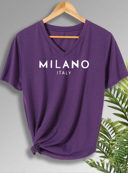 Plus Size Women's V-Neck Short Sleeve T-Shirt - Milano Italy Graphic Print Casual Comfort Fit, Breathable Fabric for Spring Summer Fall, Machine Washable Everyday Essential, Transitional Weather Clothing, Nontransparent Mater
