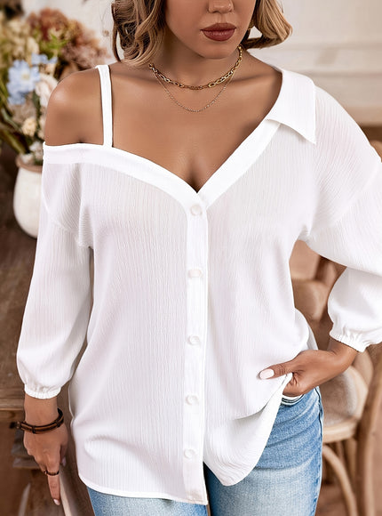 Plus Size, 2025 Autumn New Arrival Oversized Women's Loose Drop Shoulder Asymmetrical Neckline Solid White Casual Shirt, Style Top for Daily Wear and Festive Occasions