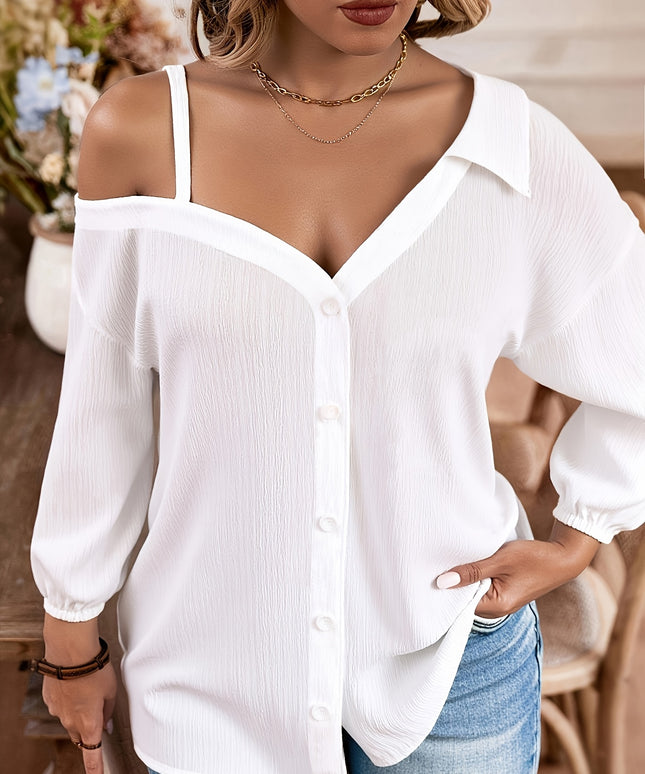 Plus Size, 2025 Autumn New Arrival Oversized Women's Loose Drop Shoulder Asymmetrical Neckline Solid White Casual Shirt, Style Top for Daily Wear and Festive Occasions