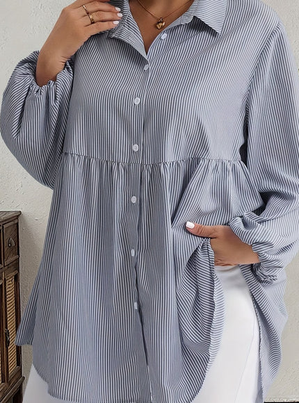 Plus Size, Women's Plus Size Oversized White & Green Horizontal Striped Button- Shirt Jacket-like Blouse - Short Sleeve-like Collar, Wrinkle-Resistant (Machine Washable) H-Line Fit for Year-Round Casual & Dressy Wear (No)
