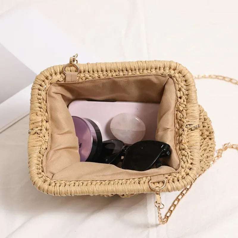 KissICON Beach Vacation Straw Metal Chain Crossbody –