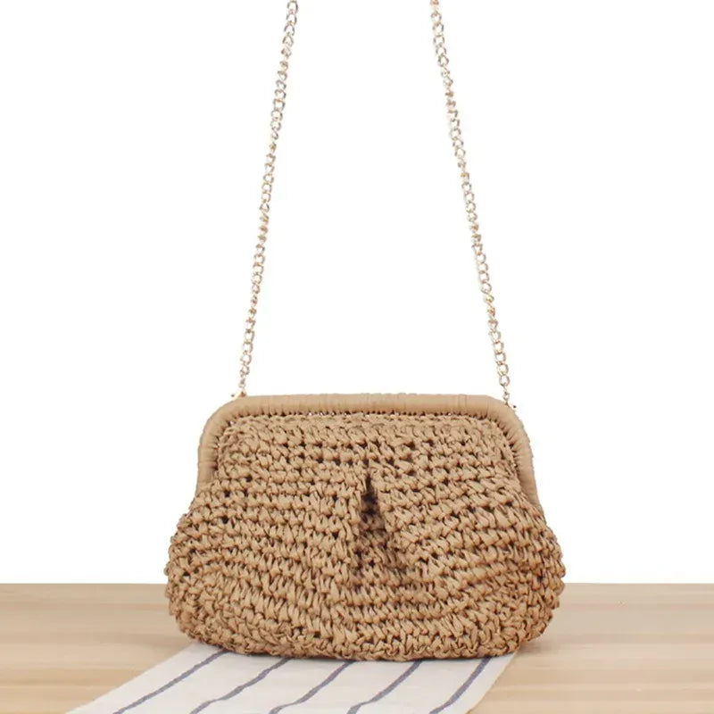 KissICON Beach Vacation Straw Metal Chain Crossbody –