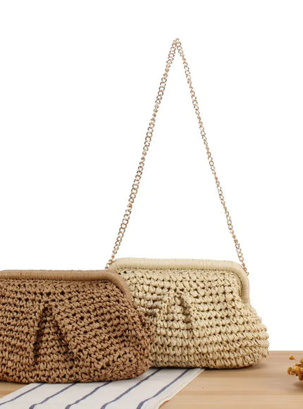 KissICON Beach Vacation Straw Metal Chain Crossbody –