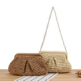 KissICON Beach Vacation Straw Metal Chain Crossbody –