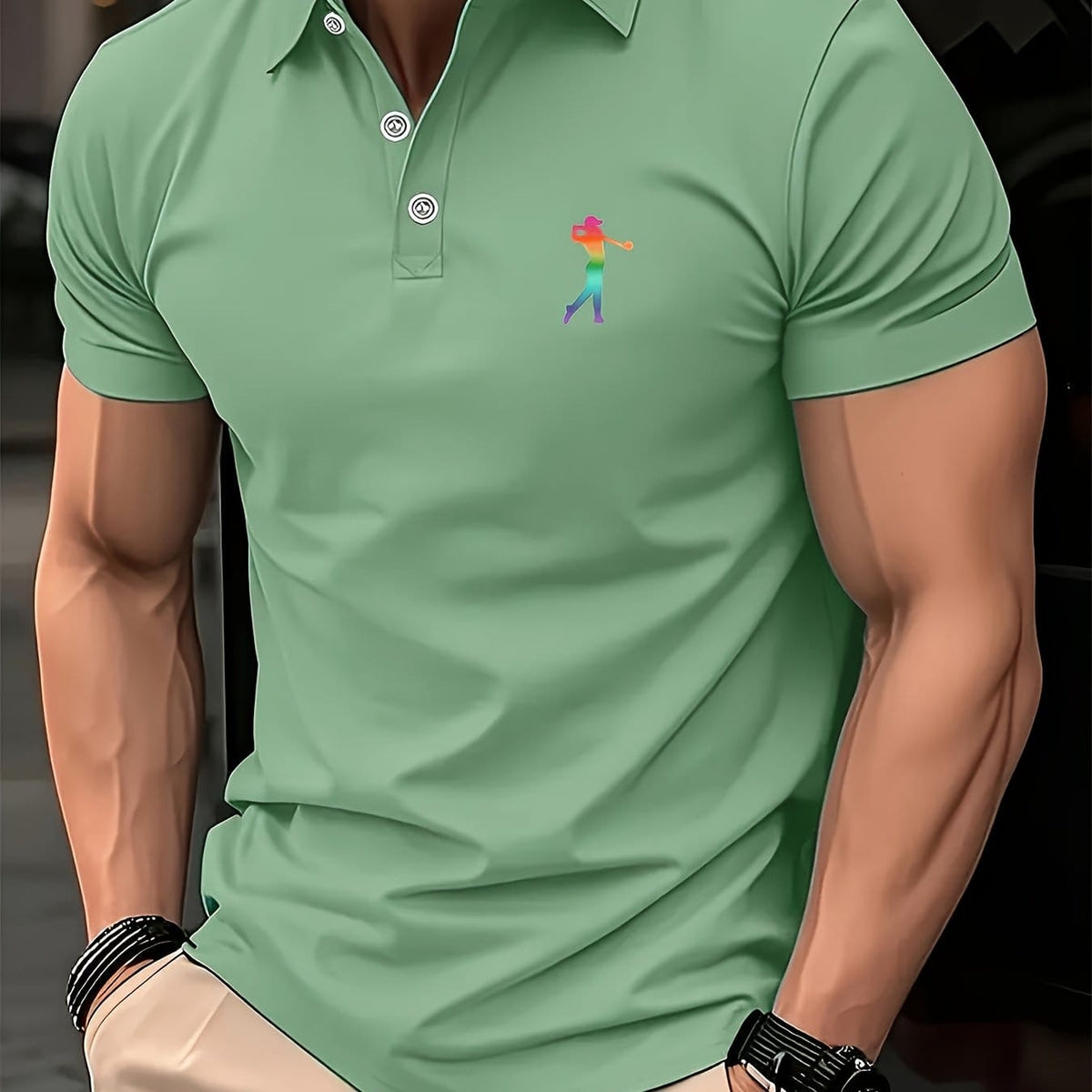 KissICON Bean Green / UK 36 SpringSummer Mens Printed ShortSleeve Golf Shirt