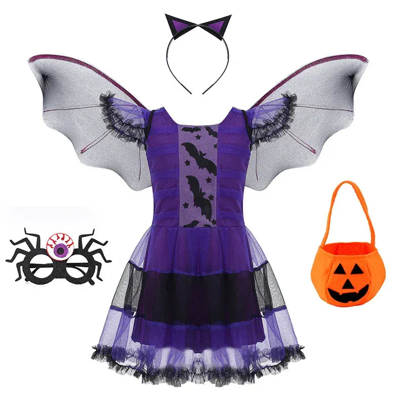 KissICON Beige / 150cm Halloween Costume for Kids Halloween Fantasy Vampire Costume Girls Long Tutu Dress Kids Carnival Outfit Gothic Feather Clothes