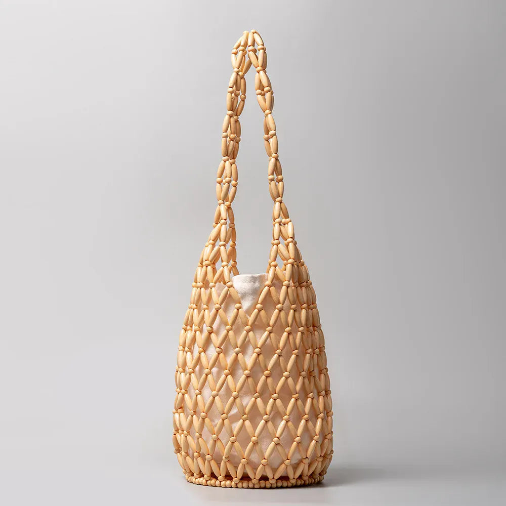 KissICON Beige / 16.5x36cm Woven Hand Hollow-out Wooden Bead Tote –