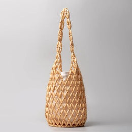 KissICON Beige / 16.5x36cm Woven Hand Hollow-out Wooden Bead Tote –
